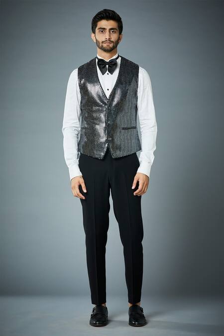 Gargee Designers_Black Blazer And Waistcoat Textured Polyester & Pant Sparkle Tuxedo Set_Online_at_Aza_Fashions