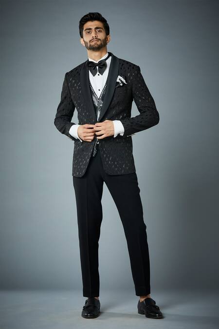 Buy_Gargee Designers_Black Blazer And Waistcoat Textured Polyester & Pant Sparkle Tuxedo Set_Online_at_Aza_Fashions