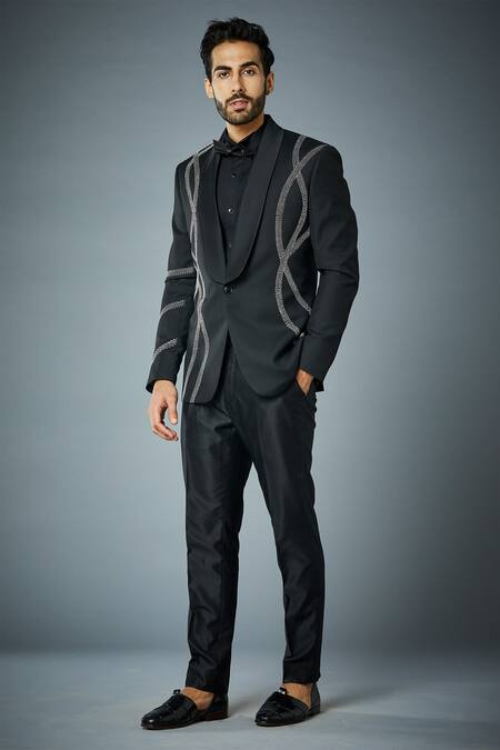 Gargee Designers_Black Polyester, Wool Embroidery Wave Tuxedo Set _Online_at_Aza_Fashions