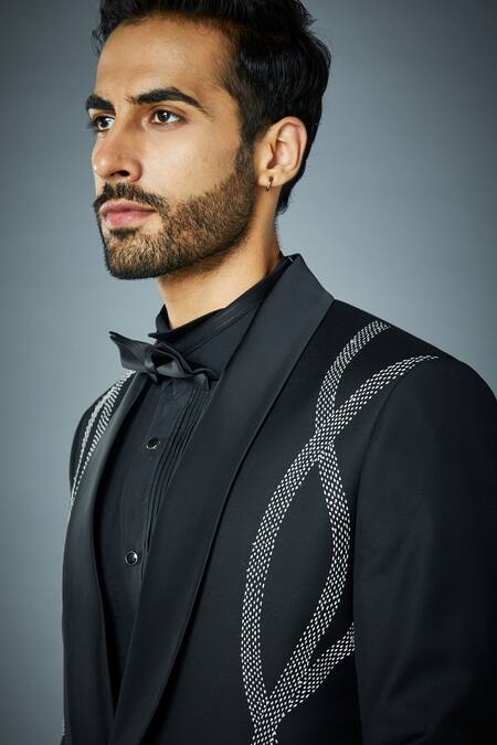 Shop_Gargee Designers_Black Polyester, Wool Embroidery Wave Tuxedo Set _Online_at_Aza_Fashions