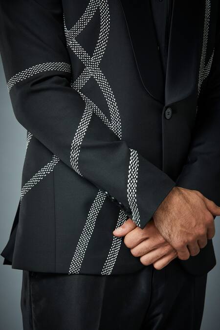 Gargee Designers_Black Polyester, Wool Embroidery Wave Tuxedo Set _at_Aza_Fashions