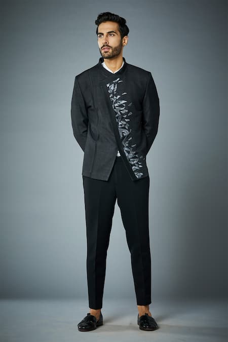 Gargee Designers_Black Silk, Polyester Embroidery Flake Angarakha Bandhgala Set _Online_at_Aza_Fashions