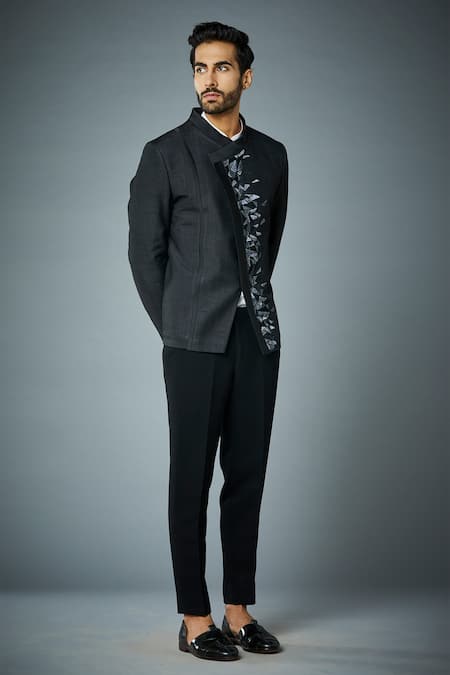 Buy_Gargee Designers_Black Silk, Polyester Embroidery Flake Angarakha Bandhgala Set _Online_at_Aza_Fashions