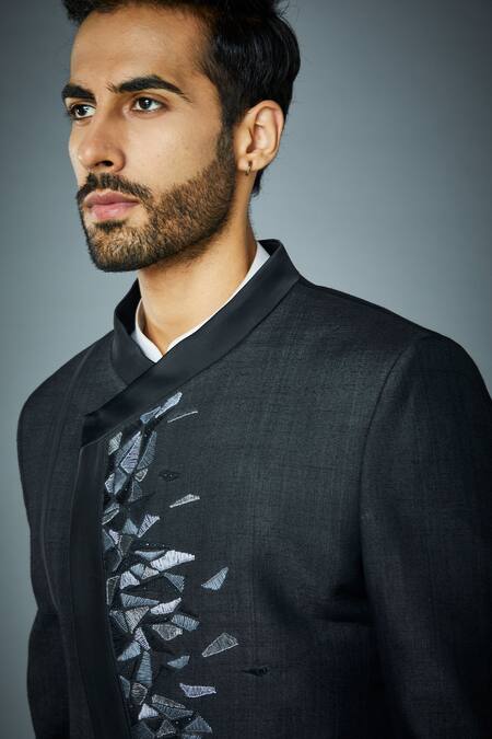 Shop_Gargee Designers_Black Silk, Polyester Embroidery Flake Angarakha Bandhgala Set _Online_at_Aza_Fashions