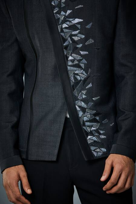 Gargee Designers_Black Silk, Polyester Embroidery Flake Angarakha Bandhgala Set _at_Aza_Fashions