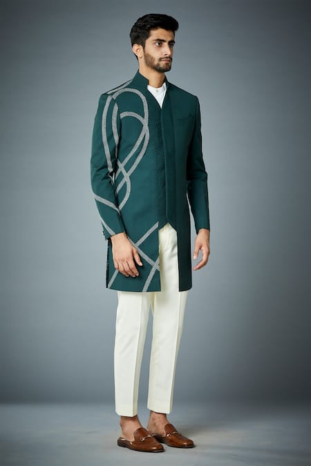 Buy_Gargee Designers_Green Polyester Embroidery Viper Bandhgala Set _Online_at_Aza_Fashions