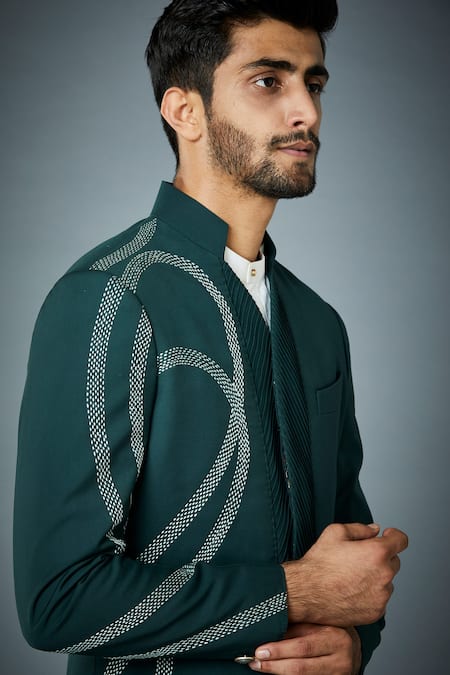 Shop_Gargee Designers_Green Polyester Embroidery Viper Bandhgala Set _Online_at_Aza_Fashions