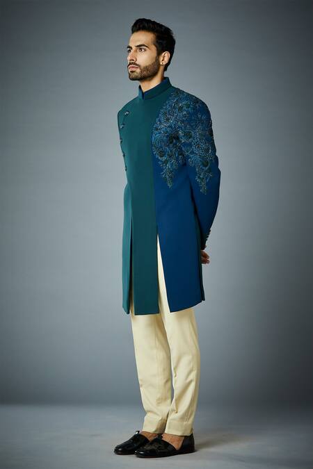 Gargee Designers_Blue Polyester Sequins Combination Placement Embroidered Bandhgala Set _Online_at_Aza_Fashions