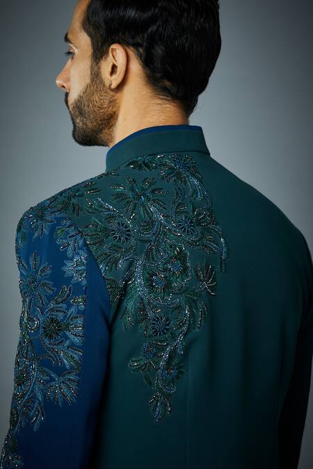 Buy_Gargee Designers_Blue Polyester Sequins Combination Placement Embroidered Bandhgala Set _Online_at_Aza_Fashions