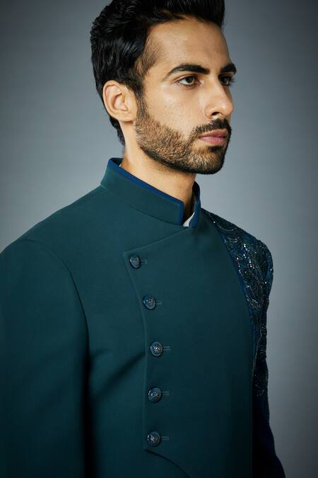 Shop_Gargee Designers_Blue Polyester Sequins Combination Placement Embroidered Bandhgala Set _Online_at_Aza_Fashions