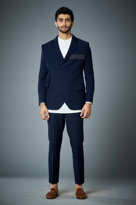 Gargee Designers_Blue Polyester Wrap Bandhgala Set _Online_at_Aza_Fashions