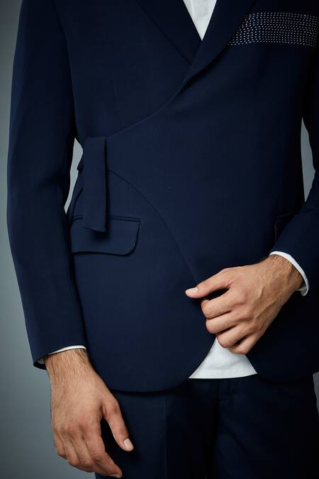 Gargee Designers_Blue Polyester Wrap Bandhgala Set _at_Aza_Fashions