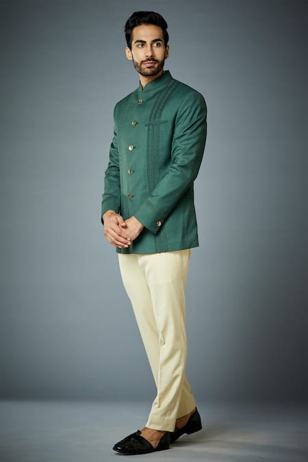 Gargee Designers_Green Polyester, Wool Pintuck Bandhgala And Pant Set _Online_at_Aza_Fashions