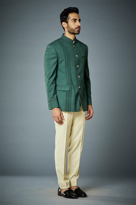 Buy_Gargee Designers_Green Polyester, Wool Pintuck Bandhgala And Pant Set _Online_at_Aza_Fashions