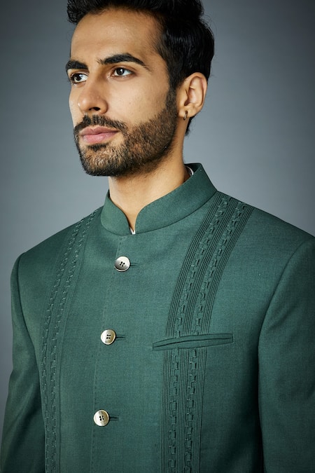 Shop_Gargee Designers_Green Polyester, Wool Pintuck Bandhgala And Pant Set _Online_at_Aza_Fashions