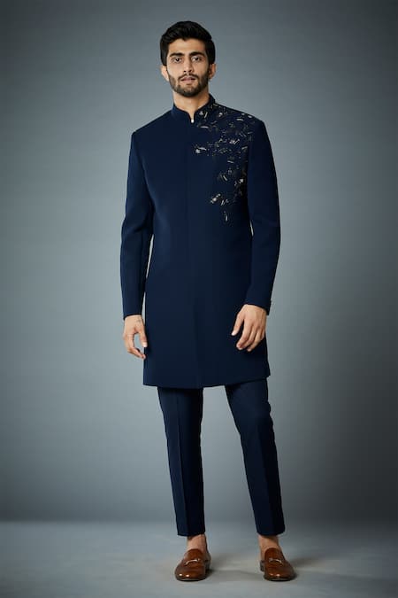 Gargee Designers_Blue Polyester Cut Work, Constellation Placement Embroidered Bandhgala Set _Online_at_Aza_Fashions