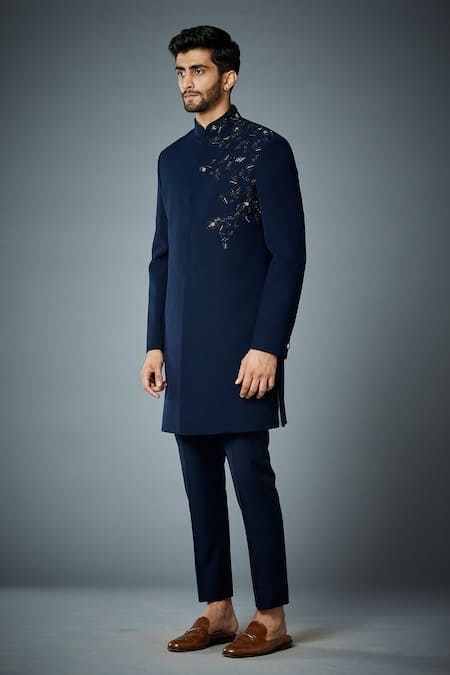 Buy_Gargee Designers_Blue Polyester Cut Work, Constellation Placement Embroidered Bandhgala Set _Online_at_Aza_Fashions