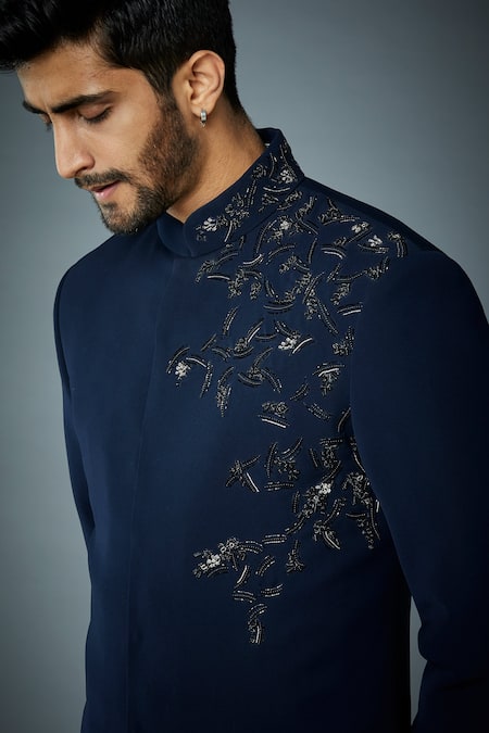 Shop_Gargee Designers_Blue Polyester Cut Work, Constellation Placement Embroidered Bandhgala Set _Online_at_Aza_Fashions