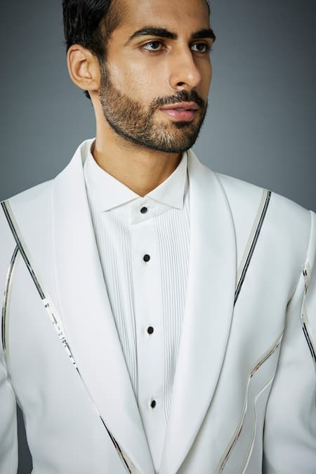 Buy_Gargee Designers_White Polyester Galaxy Tape Embellished Tuxedo Jacket And Pant Set_Online_at_Aza_Fashions