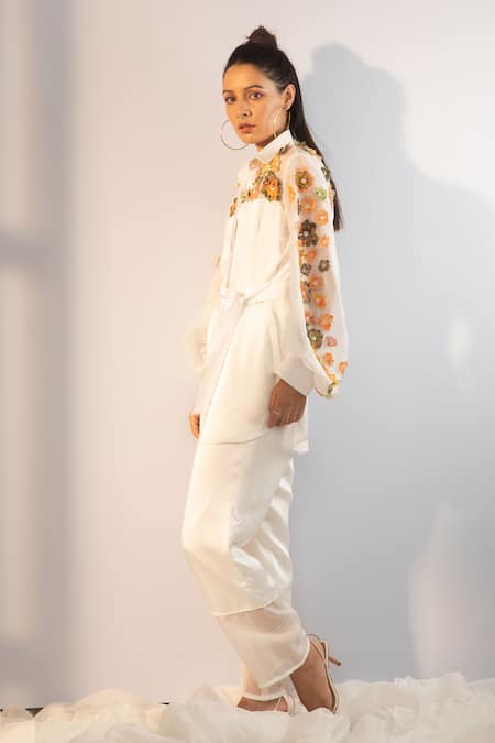 Garima Bindal_White Silk, Satin, Modal Embroidery Collared Yoke Shirt And Pant Set _at_Aza_Fashions