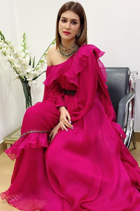 Ridhi Mehra_Pink Organza Asymmetric Ruffle Jumpsuit Set  _Online_at_Aza_Fashions