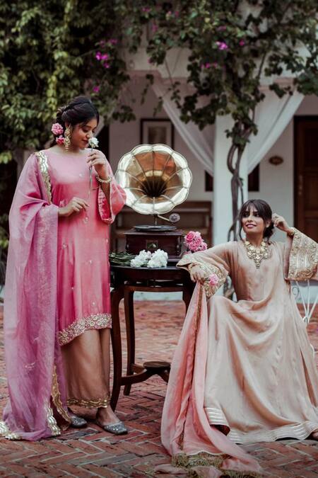 Shop Gul By Aishwarya Pink Satin , Organza Floral, Pearl, Embroidered Kurta Palazzo Set Online at Aza Fashions Shop_Gul By Aishwarya_Pink Satin , Organza Floral, Pearl, Embroidered Kurta Palazzo Set _Online_at_Aza_Fashions