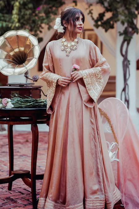 Shop Gul By Aishwarya Beige Habutai , Organza Floral, Embroidered Anarkali With Dupatta at Aza Fashions Shop_Gul By Aishwarya_Beige Habutai , Organza Floral, Embroidered Anarkali With Dupatta _at_Aza_Fashions