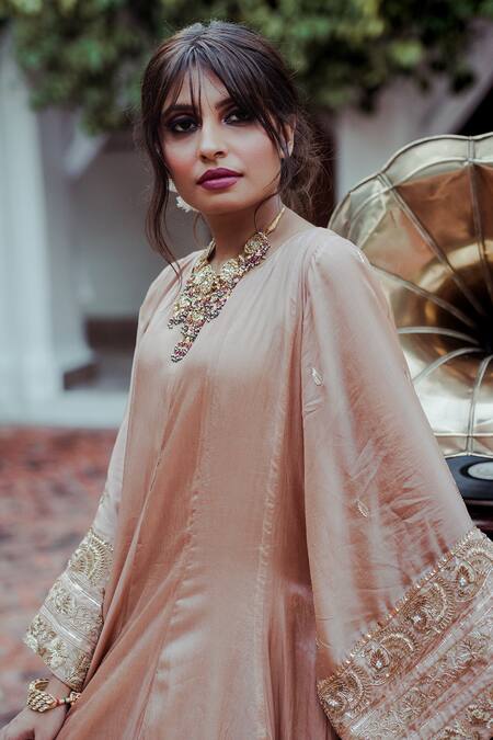 Buy_Gul By Aishwarya_Beige Habutai , Organza Floral, Embroidered Anarkali With Dupatta _Online_at_Aza_Fashions