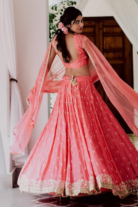 Shop Gul By Aishwarya Pink Satin , Pure Floral, Pearl, Zardozi Round Embroidered Lehenga Set at Aza Fashions Shop_Gul By Aishwarya_Pink Satin , Pure Floral, Pearl, Zardozi Round Embroidered Lehenga Set _at_Aza_Fashions