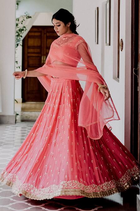Buy_Gul By Aishwarya_Pink Satin , Pure Floral, Pearl, Zardozi Round Embroidered Lehenga Set _Online_at_Aza_Fashions