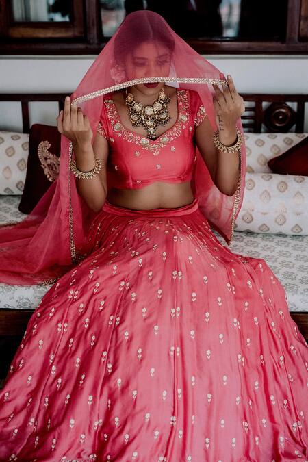 Shop_Gul By Aishwarya_Pink Satin , Pure Floral, Pearl, Zardozi Round Embroidered Lehenga Set _Online_at_Aza_Fashions