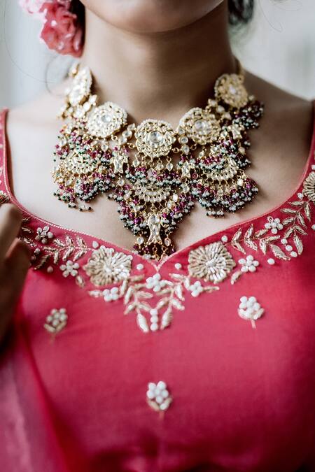 Gul By Aishwarya_Pink Satin , Pure Floral, Pearl, Zardozi Round Embroidered Lehenga Set _at_Aza_Fashions