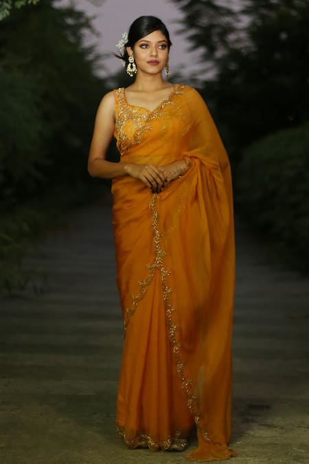 Gul By Aishwarya Yellow Organza, Jacquard Cutdana, Floral, Bead Leaf Saree With Blouse Online at Aza Fashions Gul By Aishwarya_Yellow Organza, Jacquard Cutdana, Floral, Bead Leaf Saree With Blouse _Online_at_Aza_Fashions