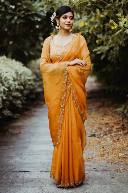 Buy Gul By Aishwarya Yellow Organza, Jacquard Cutdana, Floral, Bead Leaf Saree With Blouse Online at Aza Fashions Buy_Gul By Aishwarya_Yellow Organza, Jacquard Cutdana, Floral, Bead Leaf Saree With Blouse _Online_at_Aza_Fashions