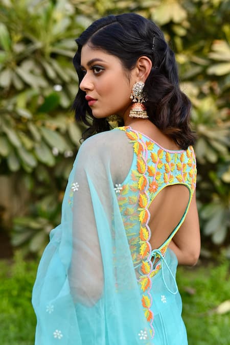 Shop Gul By Aishwarya Blue Silk Organza Leaf, Bead Round Embroidered Saree With Blouse at Aza Fashions Shop_Gul By Aishwarya_Blue Silk Organza Leaf, Bead Round Embroidered Saree With Blouse _at_Aza_Fashions