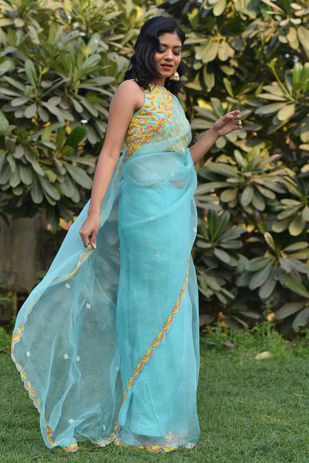 Gul By Aishwarya_Blue Silk Organza Leaf, Bead Round Embroidered Saree With Blouse _Online_at_Aza_Fashions