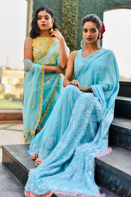 Buy Gul By Aishwarya Blue Silk Organza Leaf, Bead Round Embroidered Saree With Blouse Online at Aza Fashions Buy_Gul By Aishwarya_Blue Silk Organza Leaf, Bead Round Embroidered Saree With Blouse _Online_at_Aza_Fashions
