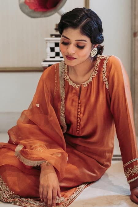 Shop Gul By Aishwarya Gold Satin , Organza Cutdana, Sequin, Embroidered Kurta Palazzo Set at Aza Fashions Shop_Gul By Aishwarya_Gold Satin , Organza Cutdana, Sequin, Embroidered Kurta Palazzo Set _at_Aza_Fashions