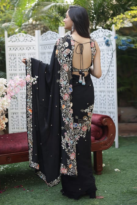 Shop Gul By Aishwarya Black Crepe Cutdana, Floral, Sequin, Jaal V Neck Embroidered Saree With Blouse at Aza Fashions Shop_Gul By Aishwarya_Black Crepe Cutdana, Floral, Sequin, Jaal V Neck Embroidered Saree With Blouse _at_Aza_Fashions