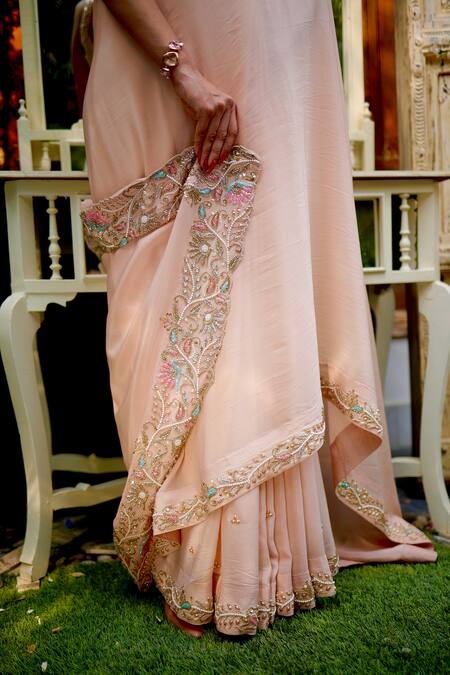 Shop Gul By Aishwarya Pink Crepe, Sequin Georgette Cutdana, Floral, Embroidered Saree With Blouse Online at Aza Fashions Shop_Gul By Aishwarya_Pink Crepe, Sequin Georgette Cutdana, Floral, Embroidered Saree With Blouse _Online_at_Aza_Fashions