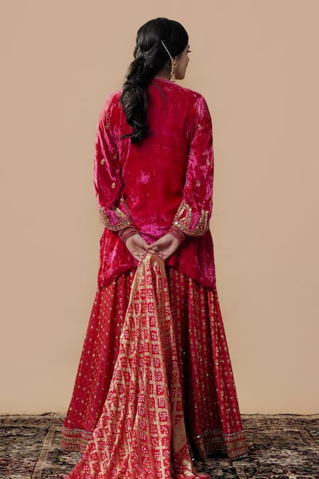 Gul By Aishwarya Silk Velvet Embroidered Kurta & Lehenga Set 