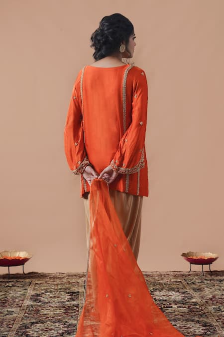 Shop_Gul By Aishwarya_Orange Satin Silk Embroidered Zardozi Pakistani Kurta Dhoti Pant Set  _at_Aza_Fashions