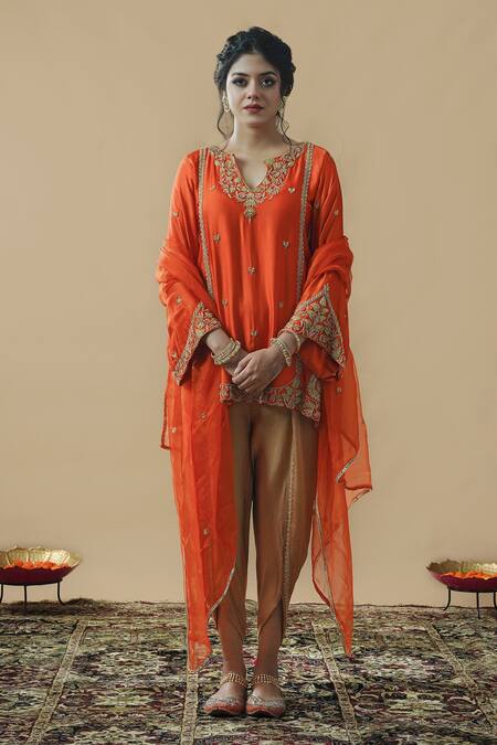 Gul By Aishwarya_Orange Satin Silk Embroidered Zardozi Pakistani Kurta Dhoti Pant Set  _Online_at_Aza_Fashions