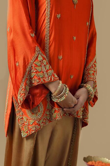 Shop_Gul By Aishwarya_Orange Satin Silk Embroidered Zardozi Pakistani Kurta Dhoti Pant Set  _Online_at_Aza_Fashions