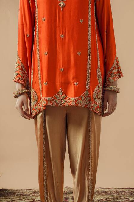 Gul By Aishwarya_Orange Satin Silk Embroidered Zardozi Pakistani Kurta Dhoti Pant Set  _at_Aza_Fashions