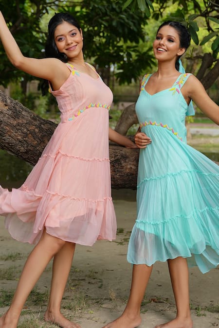 Shop_Gul By Aishwarya_Peach Viscose Chiffon Leaf, Bead V Neck Tiered Dress _Online_at_Aza_Fashions