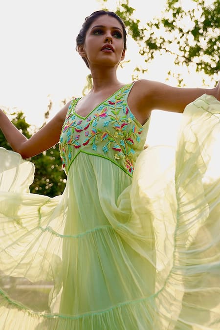 Shop Gul By Aishwarya Green Viscose Chiffon Floral, Bead V Neck Embroidered Tiered Dress at Aza Fashions Shop_Gul By Aishwarya_Green Viscose Chiffon Floral, Bead V Neck Embroidered Tiered Dress _at_Aza_Fashions
