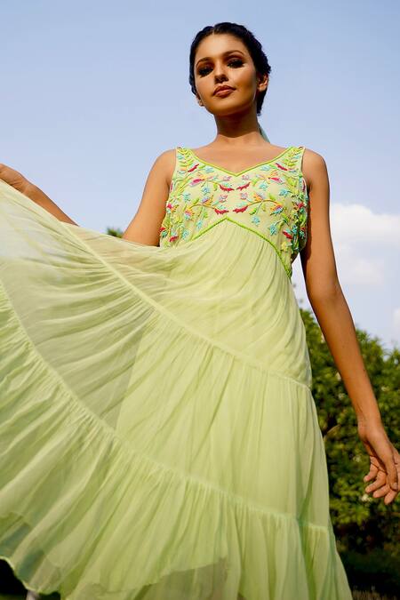 Gul By Aishwarya Green Viscose Chiffon Floral, Bead V Neck Embroidered Tiered Dress Online at Aza Fashions Gul By Aishwarya_Green Viscose Chiffon Floral, Bead V Neck Embroidered Tiered Dress _Online_at_Aza_Fashions