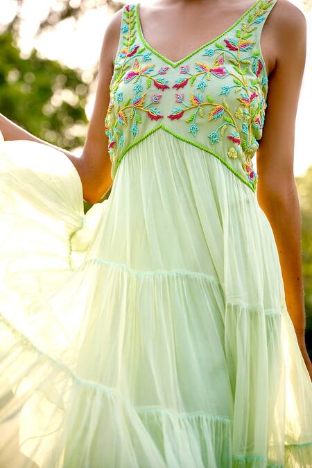 Shop Gul By Aishwarya Green Viscose Chiffon Floral, Bead V Neck Embroidered Tiered Dress Online at Aza Fashions Shop_Gul By Aishwarya_Green Viscose Chiffon Floral, Bead V Neck Embroidered Tiered Dress _Online_at_Aza_Fashions