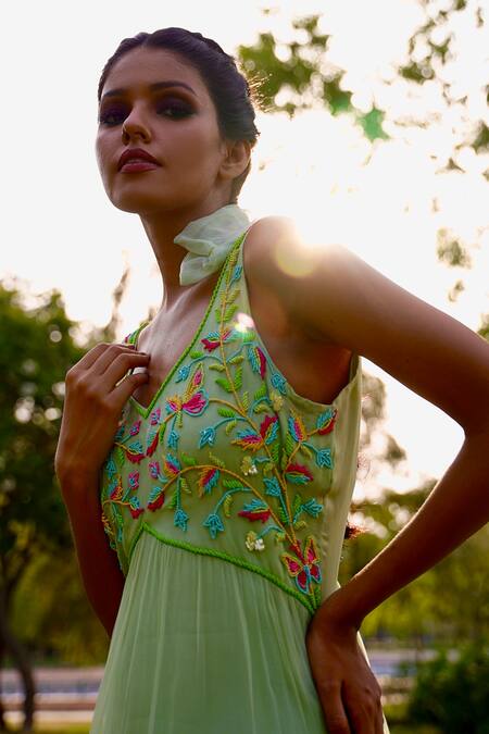 Gul By Aishwarya Green Viscose Chiffon Floral, Bead V Neck Embroidered Tiered Dress at Aza Fashions Gul By Aishwarya_Green Viscose Chiffon Floral, Bead V Neck Embroidered Tiered Dress _at_Aza_Fashions